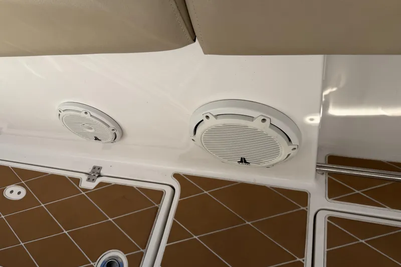  Yacht Photos Pics Speakers on a 2018 Sea Fox 328 Commander boat with brown deck flooring.