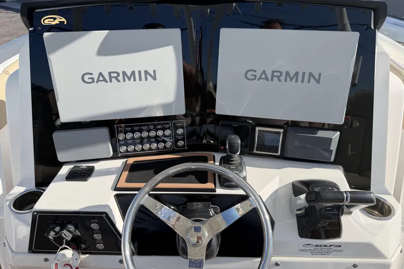  Yacht Photos Pics 2018 Sea Fox 328 Commander helm with dual Garmin displays and control panel.