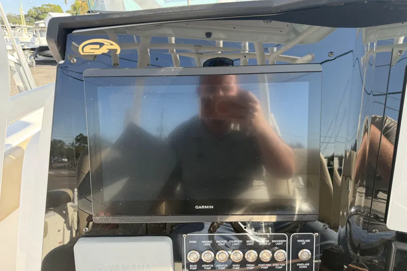  Yacht Photos Pics Garmin display on 2018 Sea Fox 328 Commander boat dashboard with control panel.