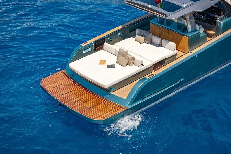 Nouveau Pardo 43 2026 Yacht Photos Pics Luxurious 2026 Pardo Yachts P43 on vibrant blue water, featuring elegant deck and seating.