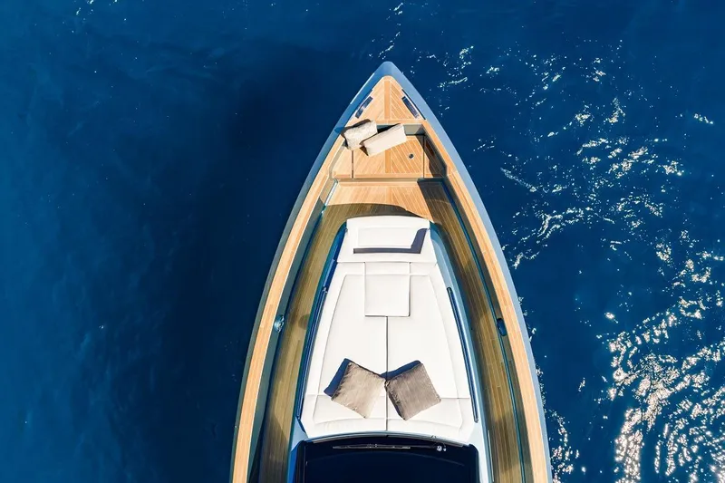 Nouveau Pardo 43 2026 Yacht Photos Pics Aerial view of 2026 Pardo Yachts P43 on blue ocean water.