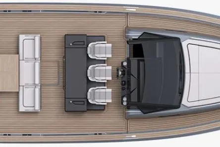 Nouveau Pardo 43 2026 Yacht Photos Pics Top view of 2026 Pardo Yachts P43 deck layout with seating and helm.