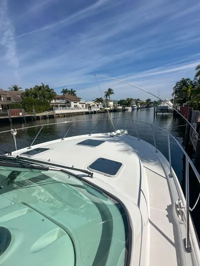 Yacht Photos Pics Tiara Yachts 3200 Open 2006 on a serene canal with palm trees and blue sky.