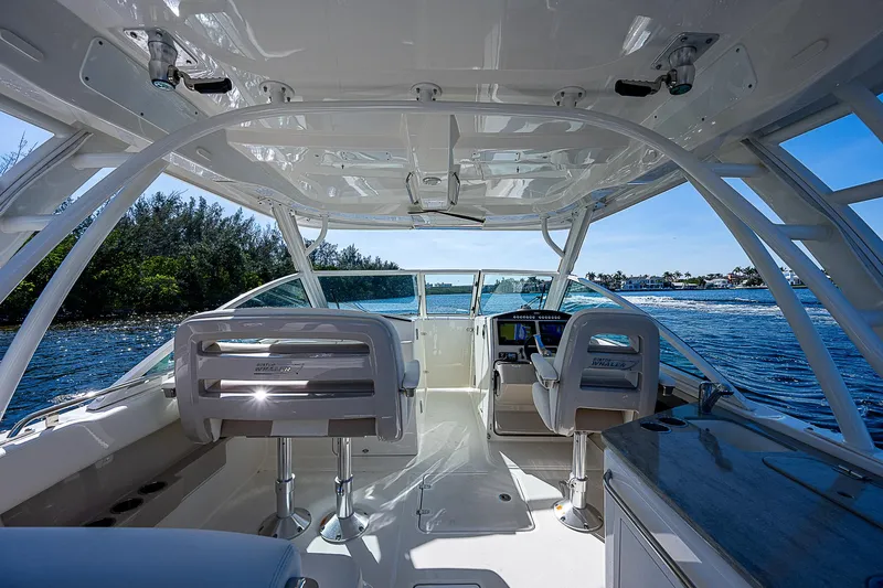 Yacht Photos Pics Interior view of 2018 Boston Whaler 320 Vantage boat on the water.