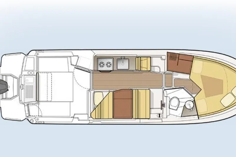 C Shell Yacht Photos Pics 2022 Ranger Tugs R-27 boat layout with cabin, kitchen, and seating areas.