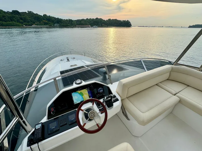  Yacht Photos Pics 2024 Greenline 48 Fly yacht helm with scenic water view at sunset.