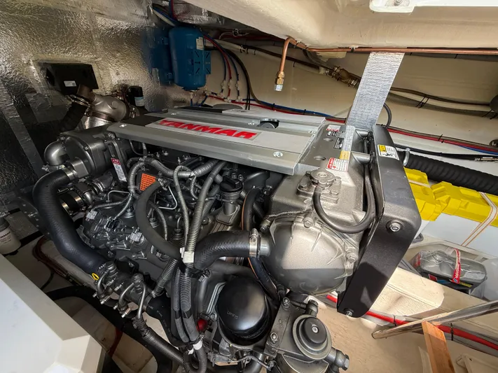  Yacht Photos Pics Engine room of 2024 Greenline 48 Fly yacht, featuring a Yanmar engine.