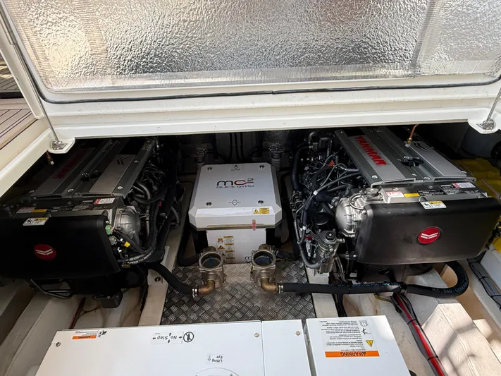  Yacht Photos Pics Engine room of 2024 Greenline 48 Fly yacht with dual Yanmar engines.