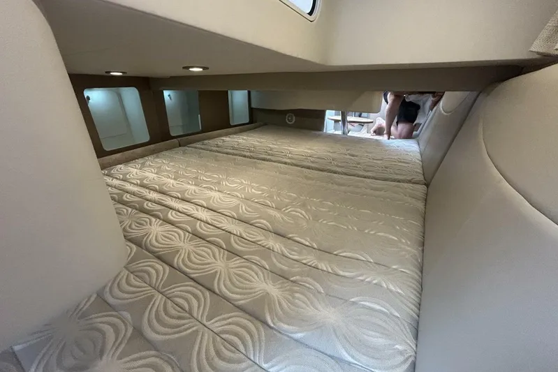  Yacht Photos Pics Interior cabin of 2016 Formula 350 Sunsport with elegant bedding and ambient lighting.