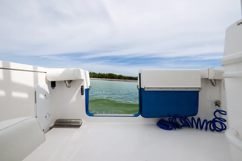  Yacht Photos Pics 2019 Everglades 335 Center Console boat, open deck view, calm waters, blue sky.