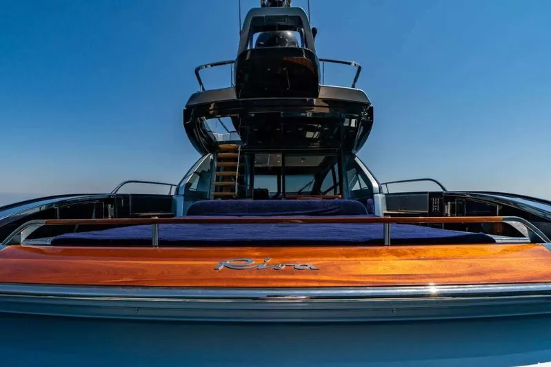  Yacht Photos Pics 2019 Riva 66 RIBELLE luxury yacht with sleek design and elegant wood detailing.