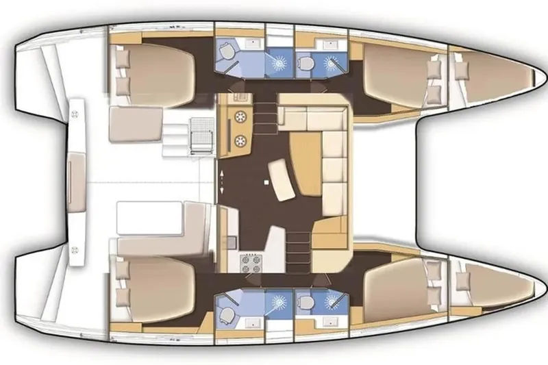 Ariel III Yacht Photos Pics Floor plan of a 2018 Lagoon 42 catamaran, featuring cabins, bathrooms, and living area.