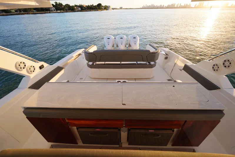  Yacht Photos Pics 2020 Tiara Yachts 43 LS luxury boat deck with scenic ocean view.