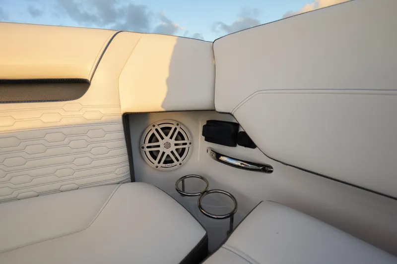  Yacht Photos Pics Luxury seating area on 2020 Tiara Yachts 43 LS with speaker and cup holders.