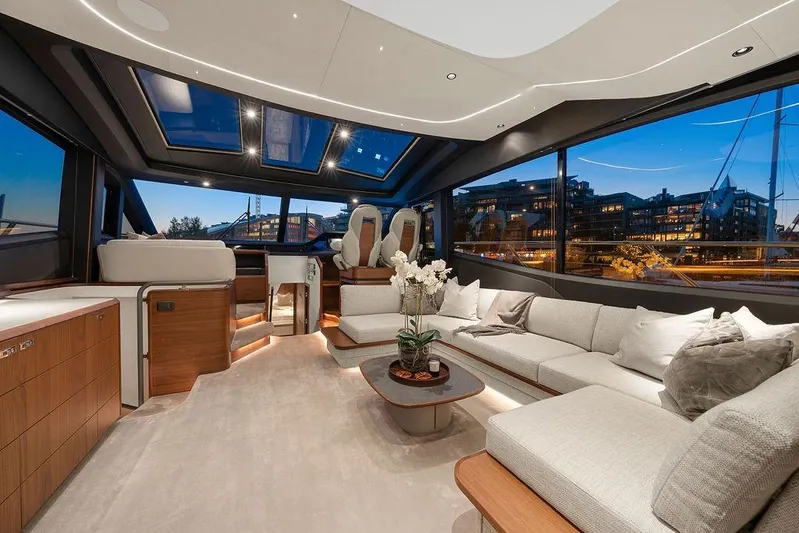 S72531 Yacht Photos Pics Luxurious interior of 2025 Princess S72 yacht with modern design and panoramic windows.