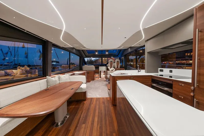 S72531 Yacht Photos Pics Luxurious interior of 2025 Princess S72 yacht with modern design and elegant wood finishes.