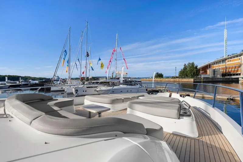 S72531 Yacht Photos Pics Luxurious 2025 Princess S72 yacht with spacious deck, docked at marina under clear blue sky.