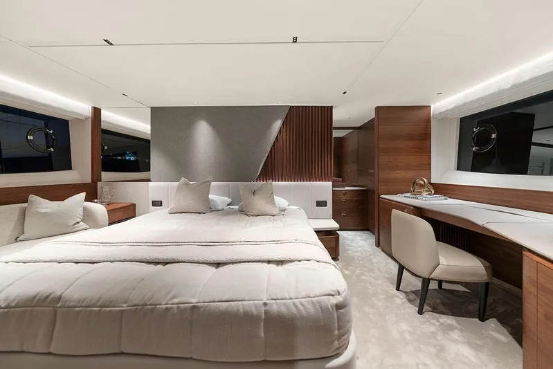 S72531 Yacht Photos Pics Luxurious interior of 2025 Princess S72 yacht with elegant bedroom design.