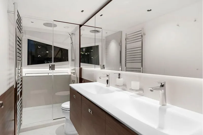 S72531 Yacht Photos Pics Luxurious bathroom in 2025 Princess S72 yacht, featuring modern fixtures and sleek design.
