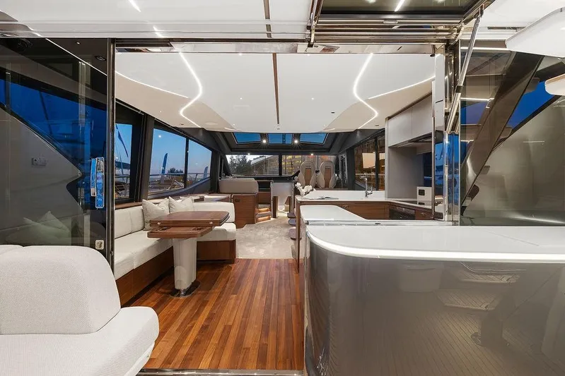 S72531 Yacht Photos Pics Luxurious interior of 2025 Princess S72 yacht with modern design and elegant furnishings.