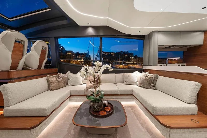 S72531 Yacht Photos Pics Luxurious interior of 2025 Princess S72 yacht with elegant seating and modern design.