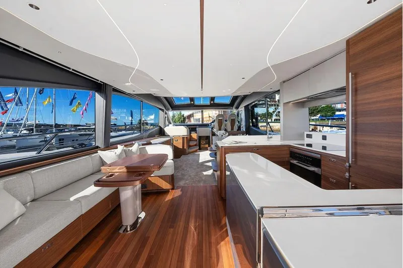 S72531 Yacht Photos Pics Luxurious interior of 2025 Princess S72 yacht with modern design and spacious seating.