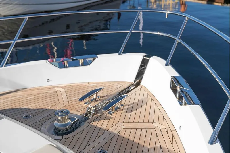 S72531 Yacht Photos Pics Bow of 2025 Princess S72 yacht with teak decking and stainless steel fittings.