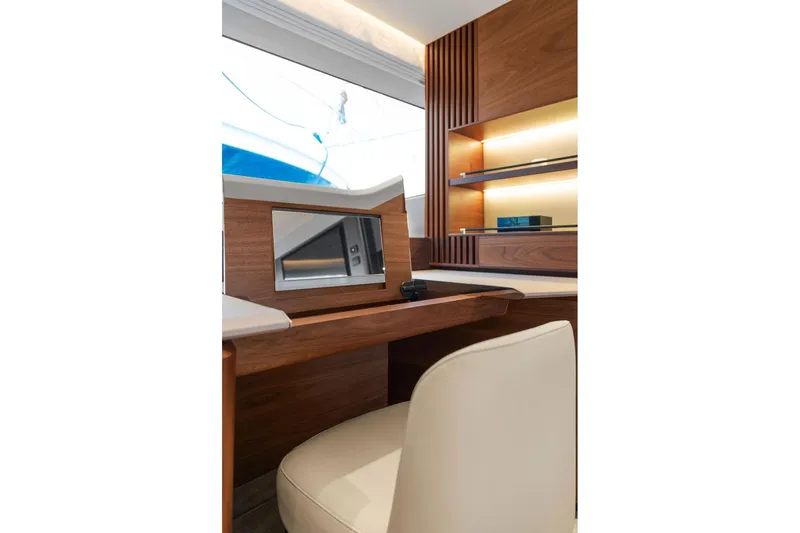 S72531 Yacht Photos Pics Luxurious interior of 2025 Princess S72 yacht with elegant wood and leather design.