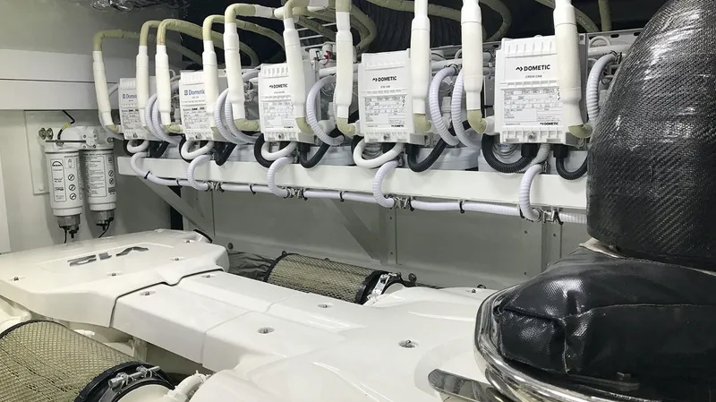  Yacht Photos Pics Engine room of 2017 Princess 68 yacht with advanced mechanical systems.