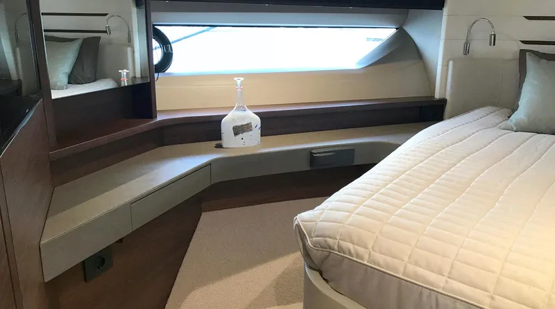  Yacht Photos Pics Luxurious bedroom interior of 2017 Princess 68 yacht with modern design.