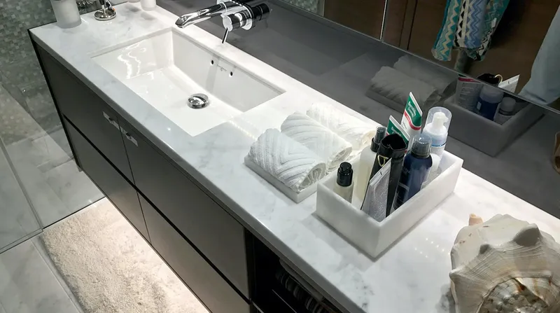  Yacht Photos Pics Luxurious bathroom vanity with marble countertop on Princess 68 yacht, 2017 model.