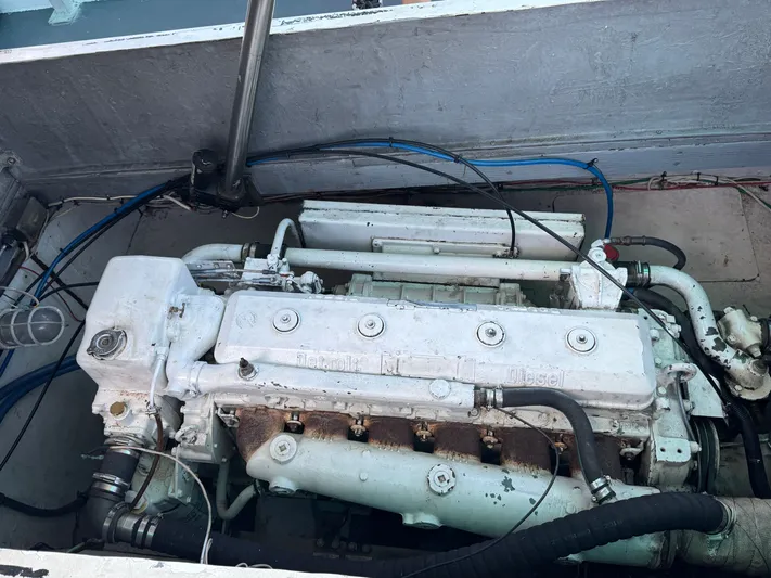 Mega Bite Yacht Photos Pics Engine compartment of a 1986 Willard Marine Shark Boat 40', showcasing diesel engine components.