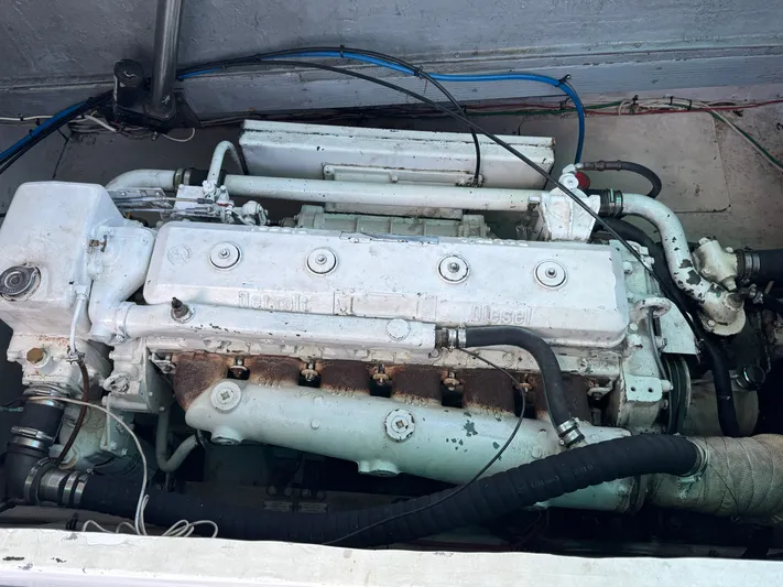 Mega Bite Yacht Photos Pics Engine of a 1986 Willard Marine Shark Boat 40', diesel-powered, with visible hoses and components.