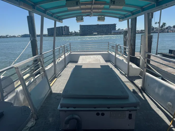 Mega Bite Yacht Photos Pics 1986 Willard Marine Shark Boat 40' docked, spacious deck, blue canopy, waterfront view.