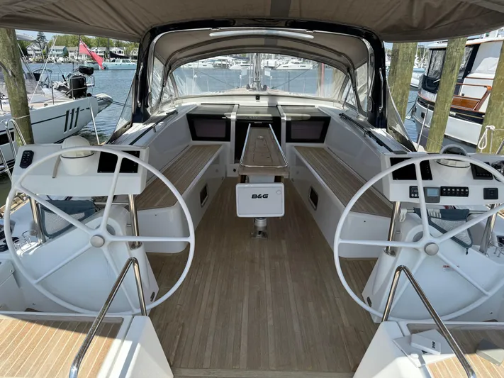 Blue Pearl Yacht Photos Pics Beneteau Oceanis 60 yacht cockpit, dual steering wheels, 2016 model, docked at marina.