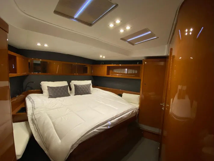 Blue Pearl Yacht Photos Pics Luxurious cabin interior of 2016 Beneteau Oceanis 60 yacht with cozy bedding.