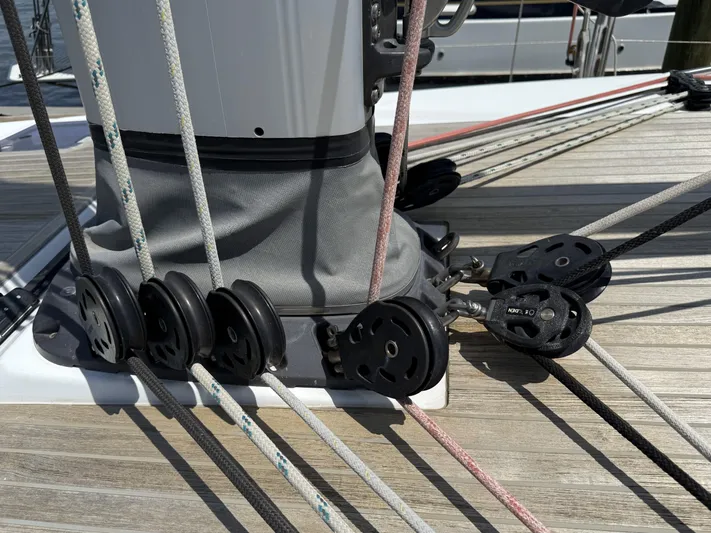 Blue Pearl Yacht Photos Pics Rigging and pulleys on a 2016 Beneteau Oceanis 60 sailboat deck.