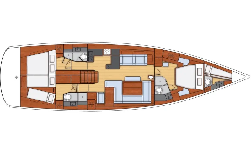 Blue Pearl Yacht Photos Pics Floor plan of a 2016 Beneteau Oceanis 60 yacht, featuring spacious cabins and living areas.