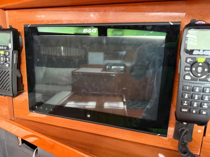 Blue Pearl Yacht Photos Pics B&G navigation system on 2016 Beneteau Oceanis 60 yacht, featuring dual control panels.
