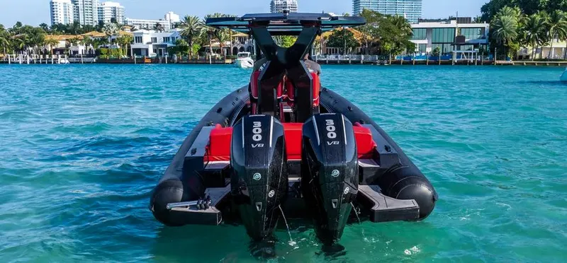 Yacht Photos Pics 2025 Novielli Veloche 349 boat with dual 300 V8 engines on turquoise water.