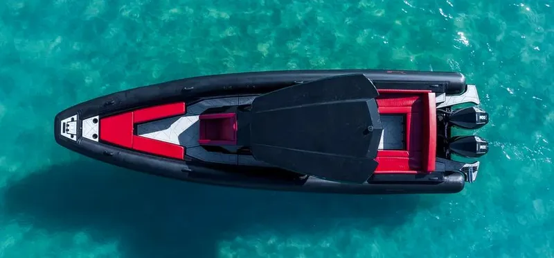  Yacht Photos Pics Aerial view of 2025 Novielli Veloche 349 boat on clear turquoise water.