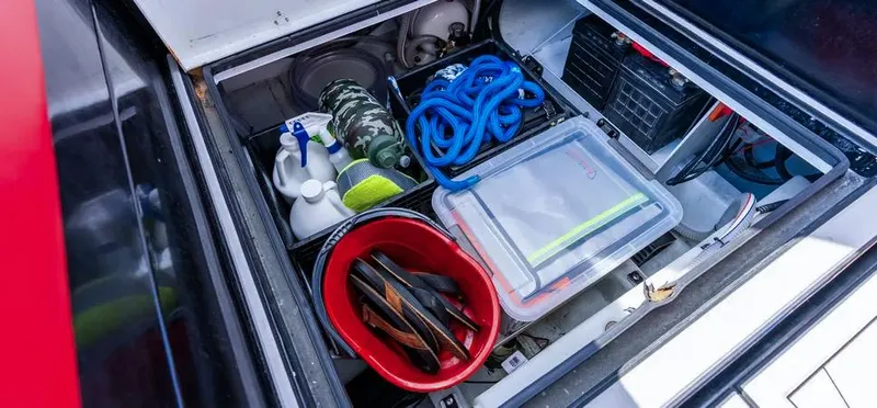  Yacht Photos Pics Storage compartment of 2025 Novielli Veloche 349 with tools, ropes, and cleaning supplies.