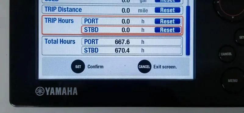  Yacht Photos Pics Yamaha display showing trip and total hours for Intrepid 327 Center Console, 2016 model.