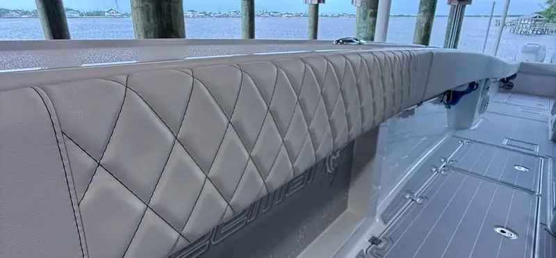  Yacht Photos Pics Luxurious interior of a 2019 Freeman 42 LR boat with diamond-stitched upholstery.