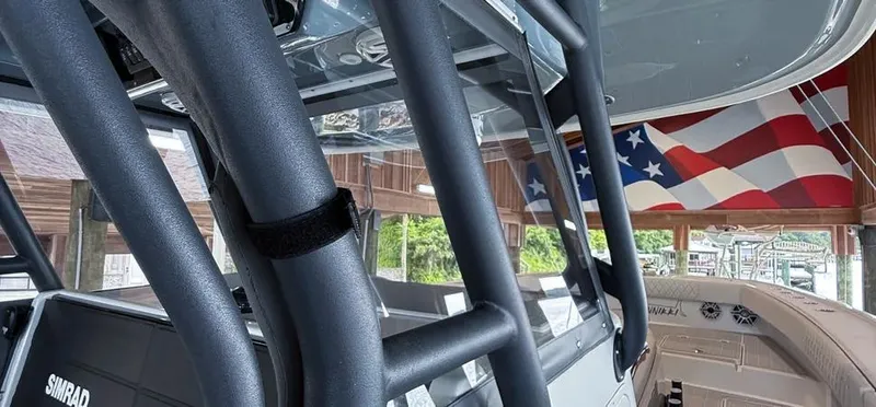  Yacht Photos Pics 2019 Freeman 42 LR boat interior with American flag backdrop.