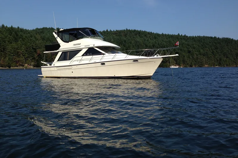 Touchdown Yacht Photos Pics 2000 Bayliner 3988 Command Bridge Motoryacht on serene lake with forested backdrop.