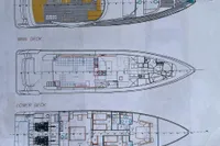 Blueprint of 2010 Aicon 85 yacht showing fly bridge, main, and lower decks.