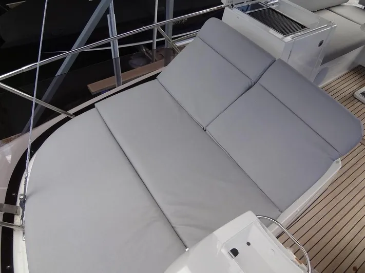  Yacht Photos Pics 2024 Prestige 420F yacht with spacious sunbathing area and cushioned seating.