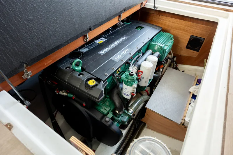Smooth Yacht Photos Pics Volvo Penta engine in 2019 Beneteau Swift Trawler 30, showcasing marine engineering.