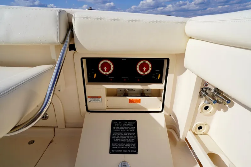  Yacht Photos Pics Control panel on 2016 Grady-White Express 330 boat, featuring gauges and switches.
